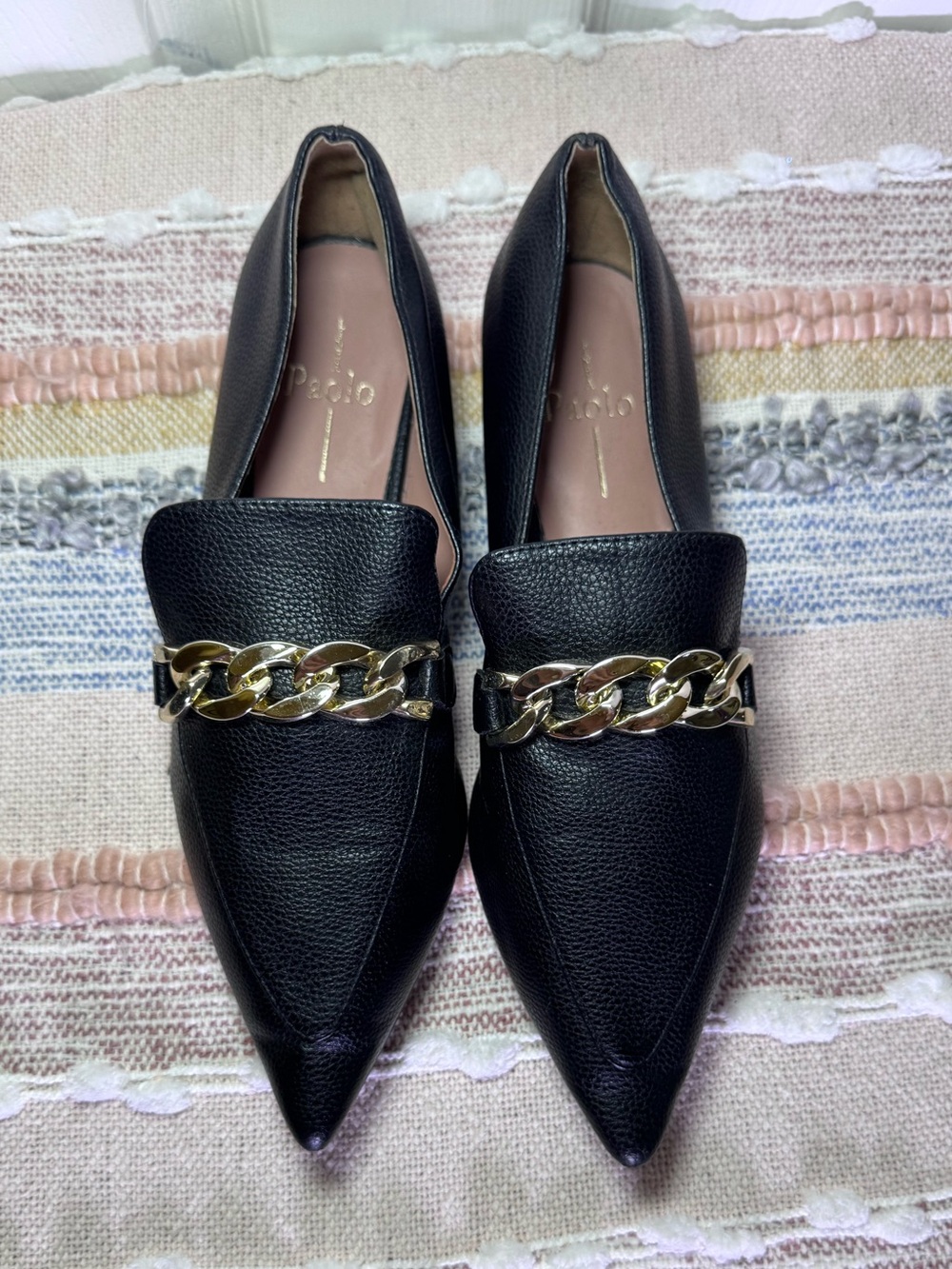 Paolo Black Pointed Toe Loafers with Gold Chain